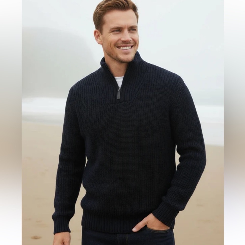 Men's IrelandsEye Wool Ribbed Zip Neck Made in Ireland Sweater | Navy Medium